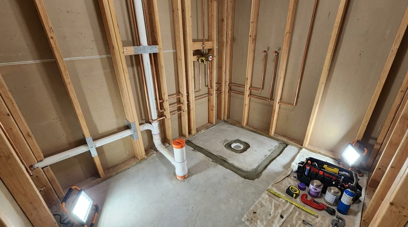 Bathroom rough-in plumbing during remodel by Johns Plumbing LLC in Monsey