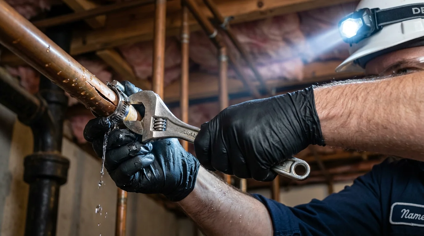 Emergency pipe clamp repair being performed by a Johns Plumbing LLC plumber in Monsey