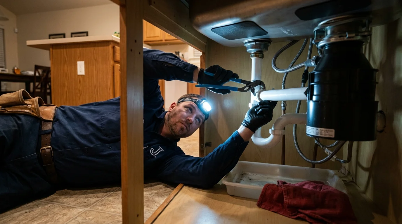 P-trap and supply line connections under a kitchen sink showing a common leak point in Monsey, NY